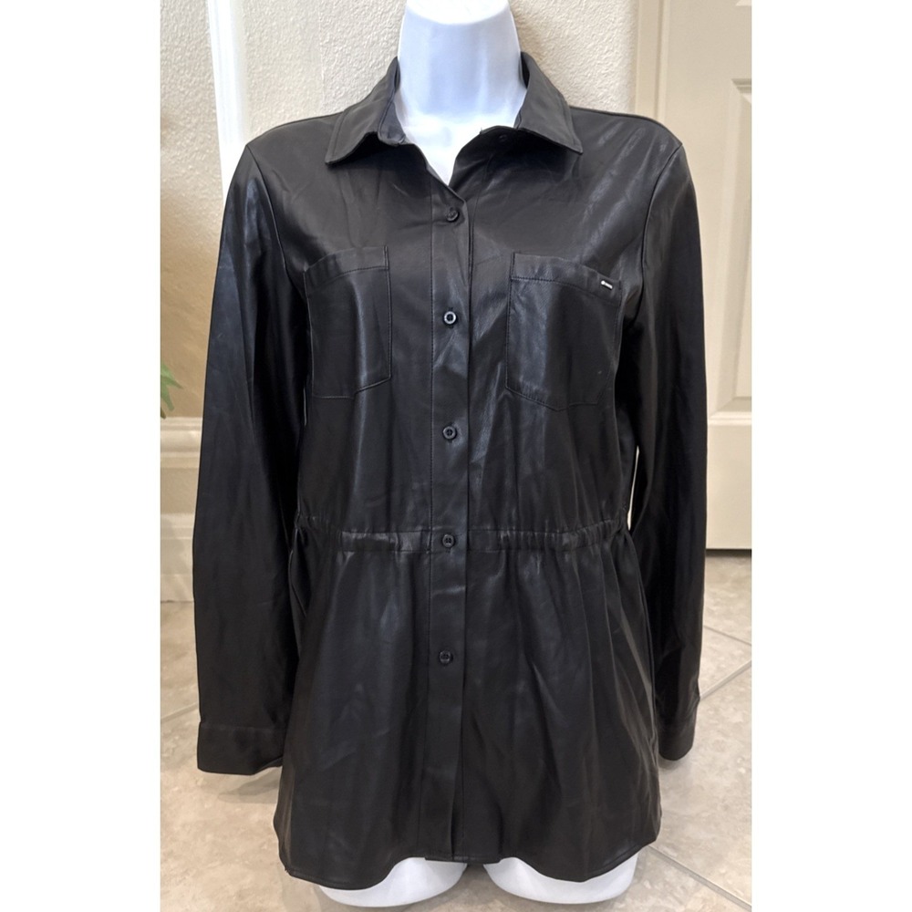 Calvin Klein Black Faux Leather Cinched Waist Button Down Shirt Jacket Sz M